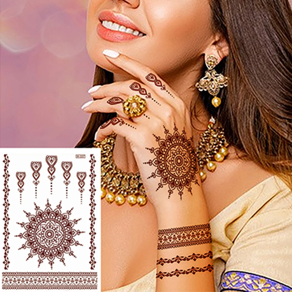 12 Sheets/Lot Waterproof Henna Tattoo Brown Henna Stickers for Hand Fake Tattoo Women Body Art Temporary Design Mehndi Stickers