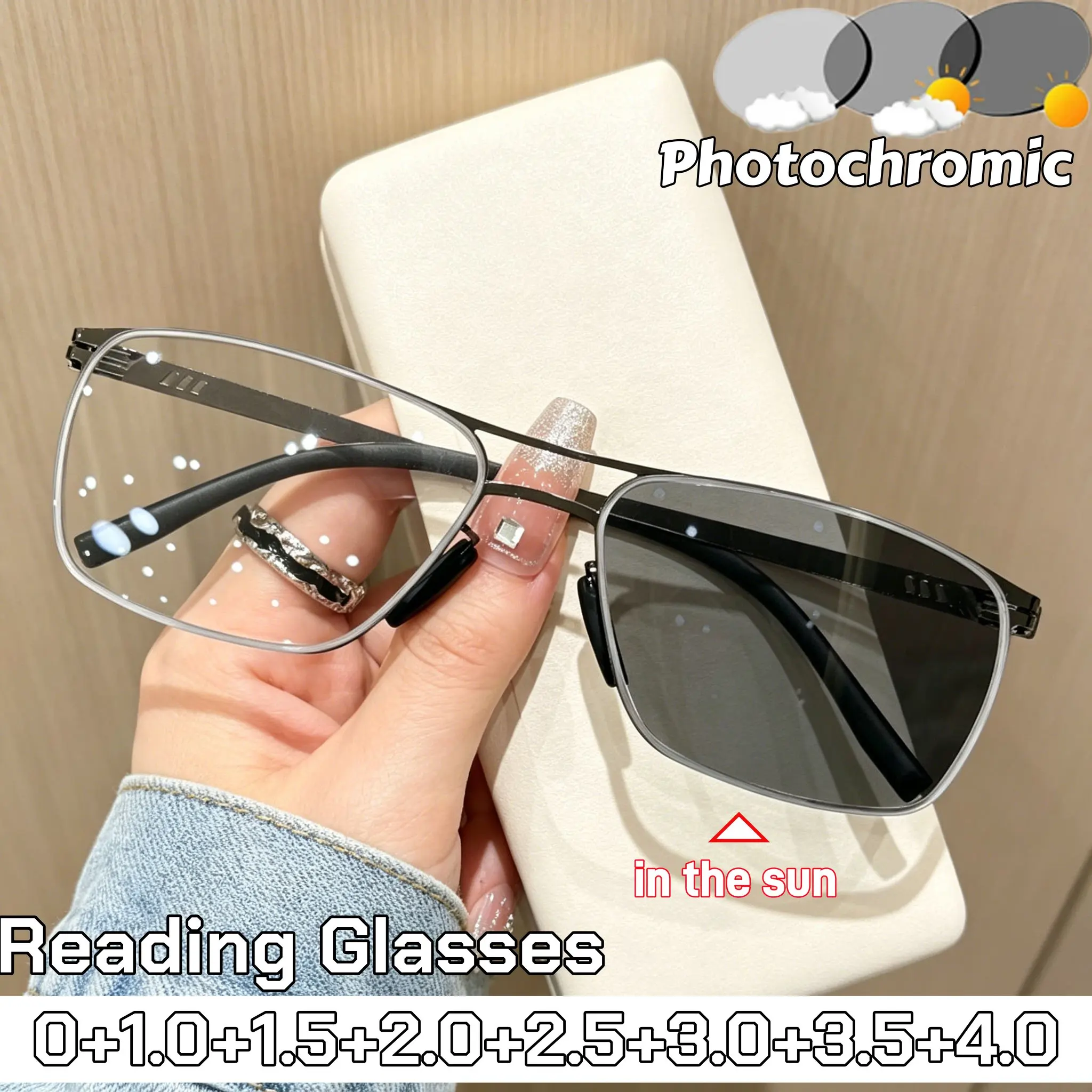

Fashion Double Beam Metal Photochromic Reading Glasses Men Business Anti-Blue Light Presbyopia Eyewear Unisex UV Protection