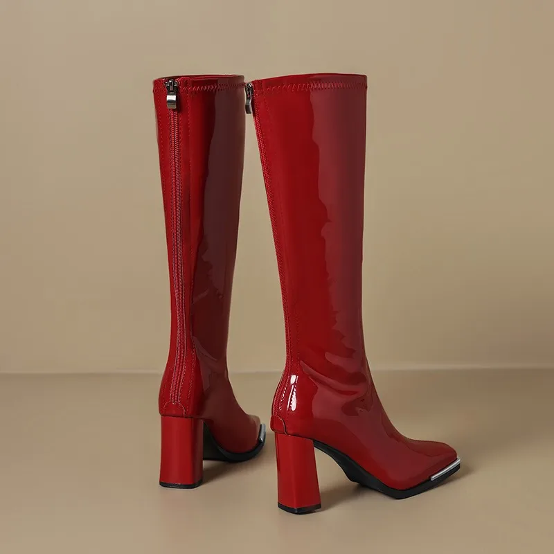 Knee High Boots Autumn New Square Toe Metal Head Guard Patent Leather Back Zip Non-Slip Block Heel Thigh Boots image 3