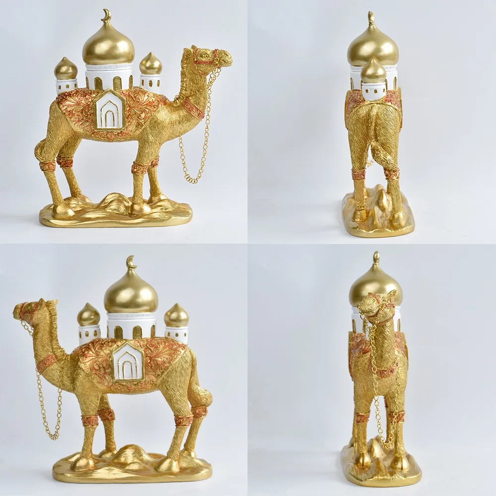 Resin Ramadan Camel Figurine Gold Mosque Design Camel Sculpture Three-dimensional Middle East Camel Ornaments Living Room