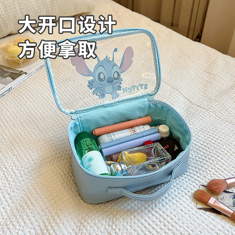 Trousse de maquillage transparente Disney Cartoon Stitch pour filles, sac de rangement de toilette Kawaii, sacs fourre-tout de voyage portables,