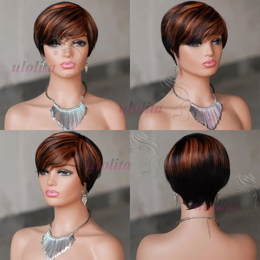 Kurze Echthaarperücke, vollständig maschinell gefertigte Perücke, gerade Pixie-Cut-Perücke aus Echthaar für Frauen, kurze Bob-Perücken mit Pony, Haarschnitt-Perücken – Detail 13