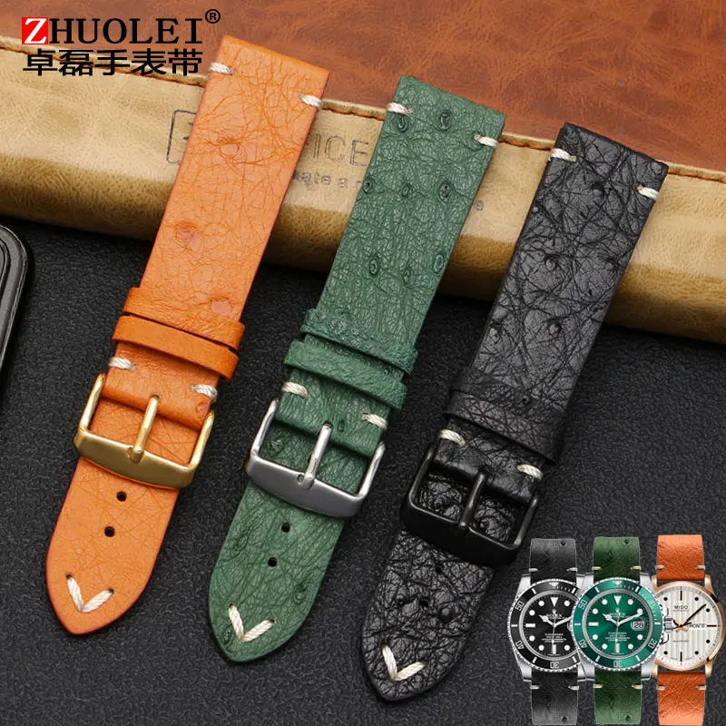 Vintage Ostrich skin soft thin leather watchband men\'s For Longines tudor Seiko Rolex strap 18m 20mm 22mm Watch band Accessories