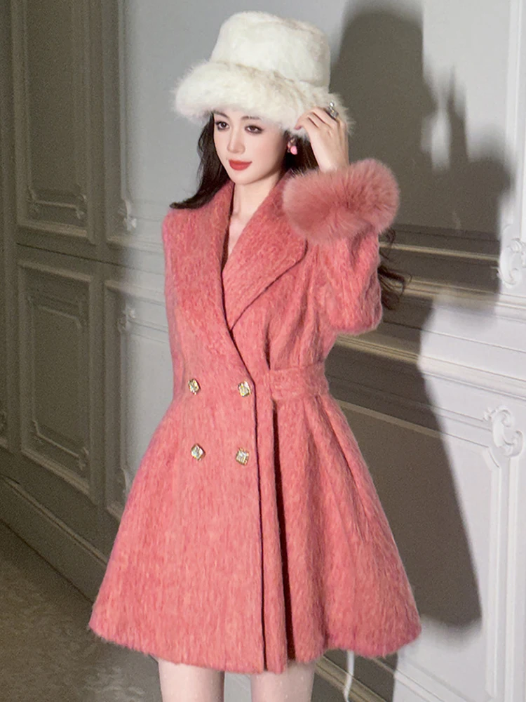 Elegancka kurtka imprezowa dla kobiet Celebrity Pink Woolen Coat Fur Long Sleeve Pleated Tops Female Clothes Sweet Office Lady Outwear