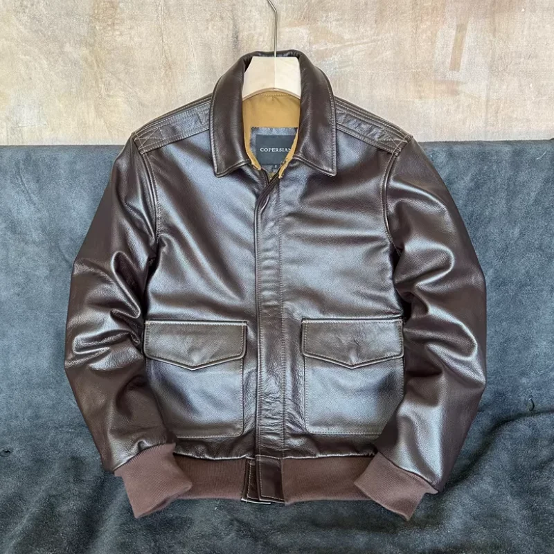 

Pure top layer cowhide leather men's lapel flight suit jacket