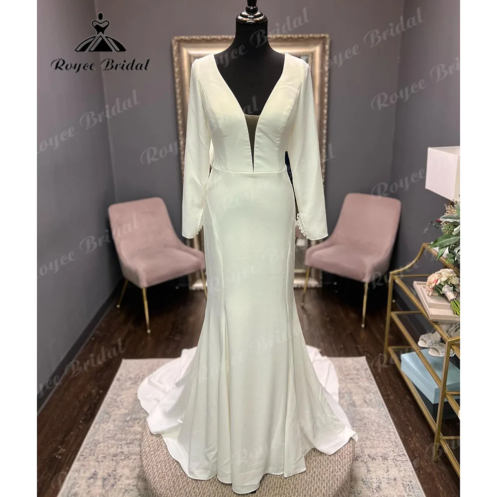 Vintage Plunging Long Sleeve Soft Satin Deep V Neck Wedding Dress for Women Backless 2024 Bridal Gown vestido de noiva sereia