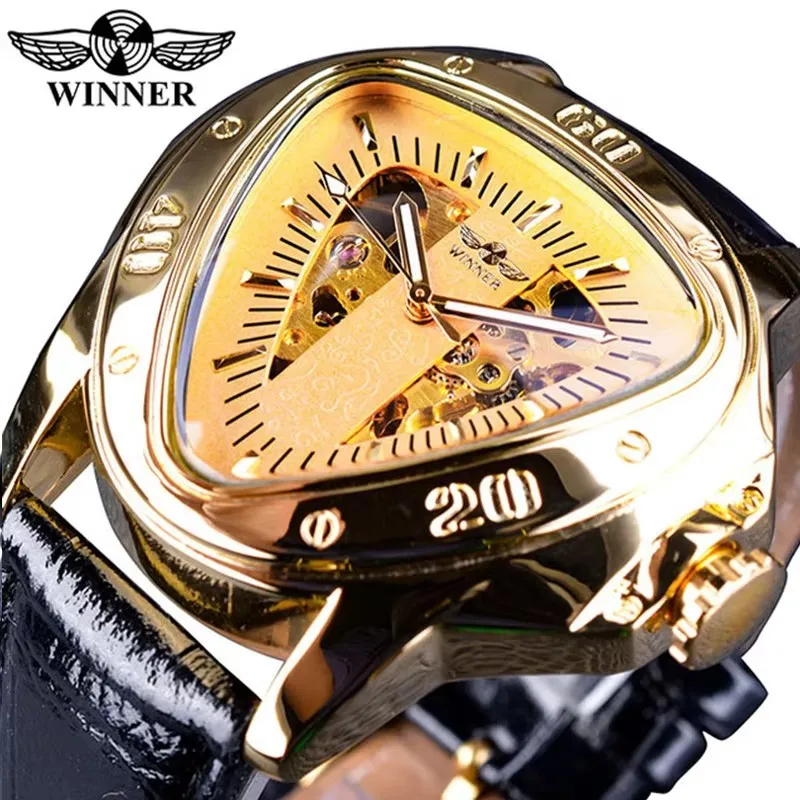 

Fashion Winner Men's Automatic Skeleton Watch Unique Triangle Cut Out Design Exposed Mechanical Movement Leather Dress Timepiece