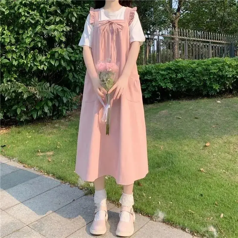 Robe japonaise d'été pour femmes, robe à bretelles avec t-shirt, décontractée, Vintage, élégante, Style Preppy coréen, mi-longue, nouvelle collection 2022