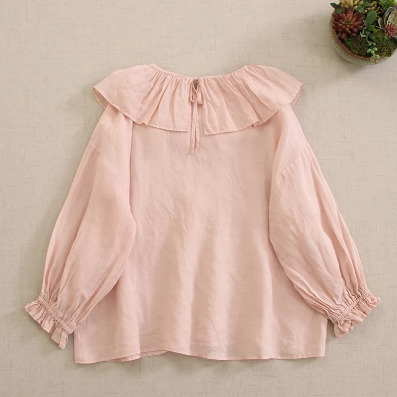 Spring Sweet Mori Girl Ruffles Collar Solid Candy Color Cotton Shirt Women Long Sleeve Casual Loose Blouse Tops