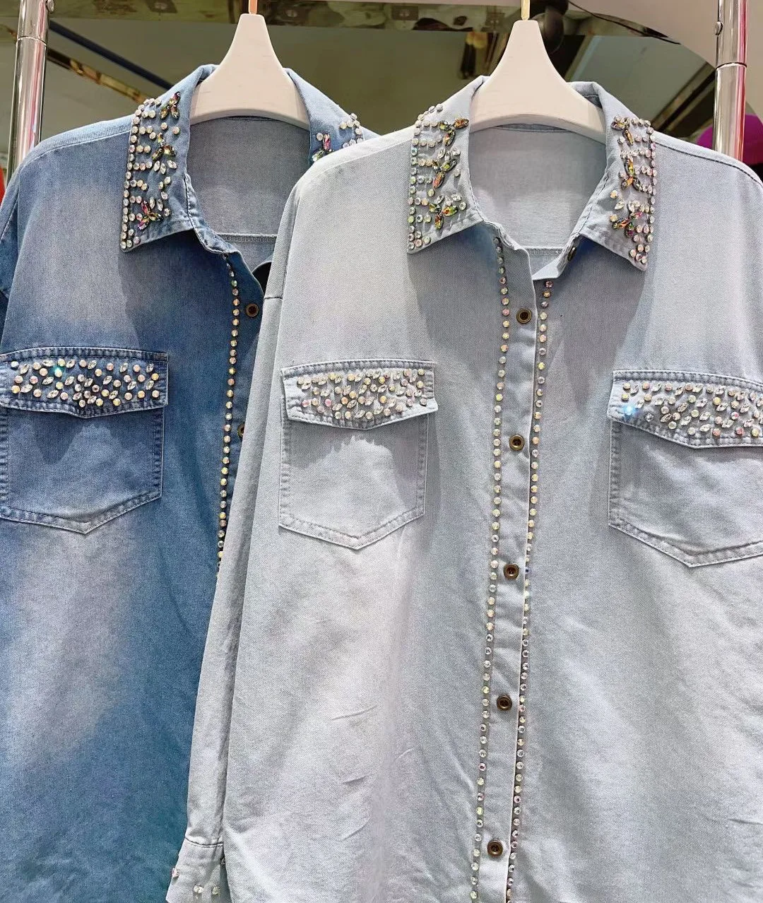 Trendy Brand Heavy Embedding Hot Drilling Blouse Women 2024 Spring New Beaded Lapel Long Sleeve Single-Breasted Denim Shirts