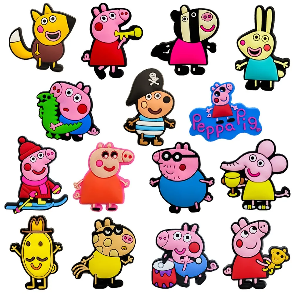14/15 Stück Cartoon-Schweinchen-Schuh-Charms für Slides, Clogs, Sandalen, Schuhdekorationen, Zubehör, Schnallen für Freunde, Partygeschenke
