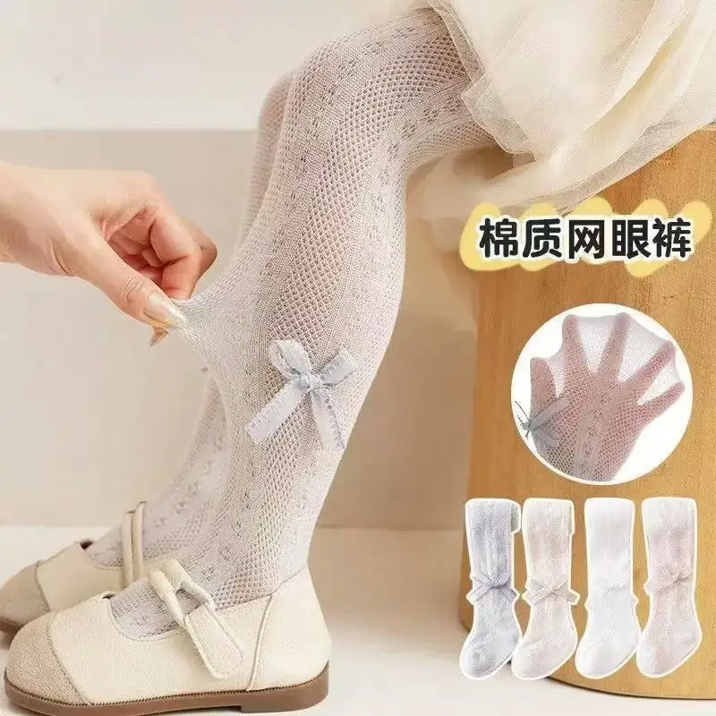 

От 0 до 8 лет для маленьких девочек геометрические ретро сетчатые тонкие колготки с цветочным бантом, хлопковые дышащие прозрачные колготки для новорожденных