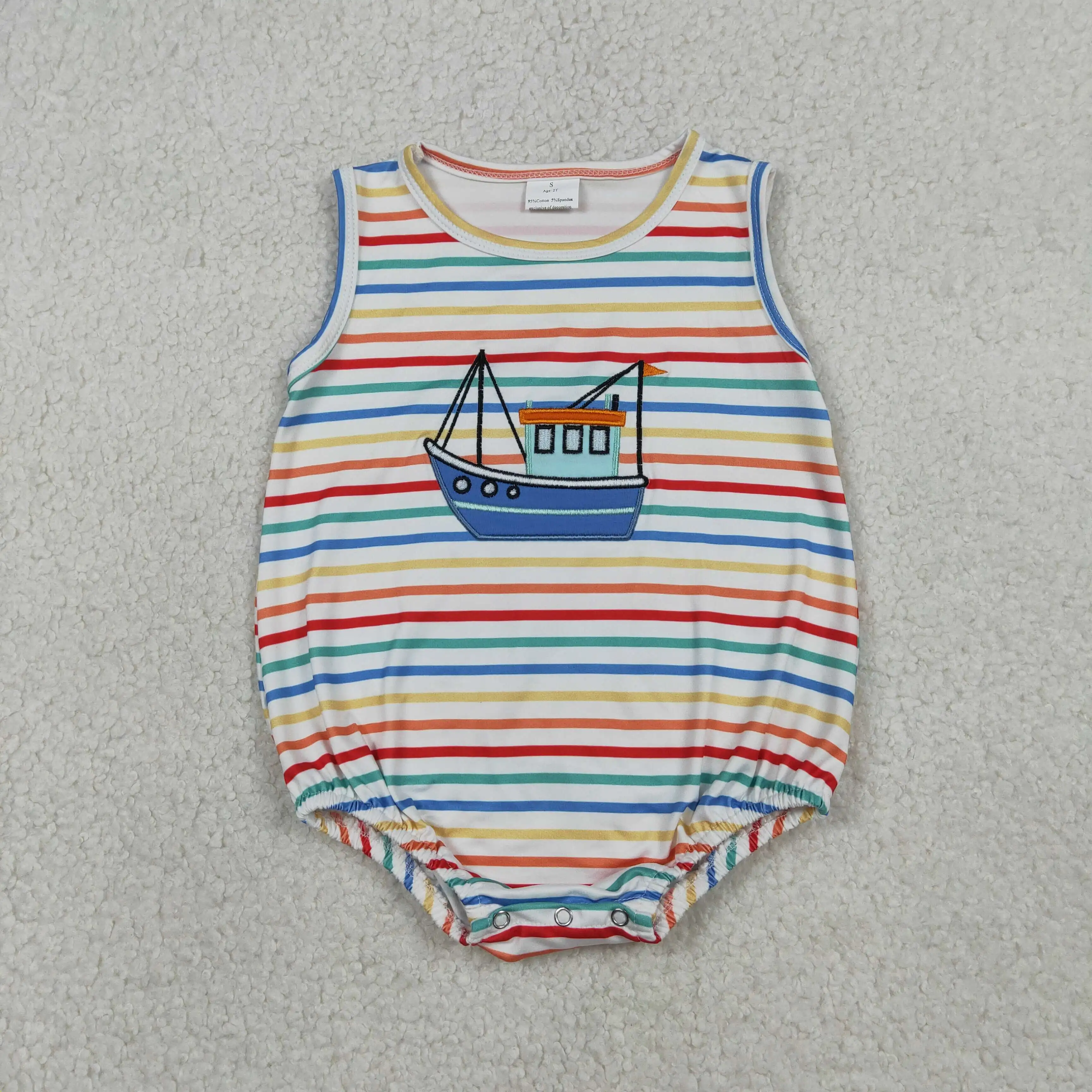 

SR3733 New Baby Boys' Romper Summer Embroidered Boat Colorful Striped Vest Bodysuit