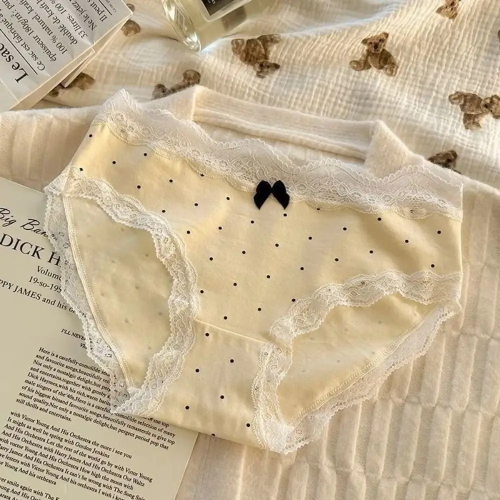 Bragas con lazo de encaje de lunares simples para mujer y niña, calzoncillos sin costuras con entrepierna de algodón dulce, ropa interior de cintura media, 3 uds.