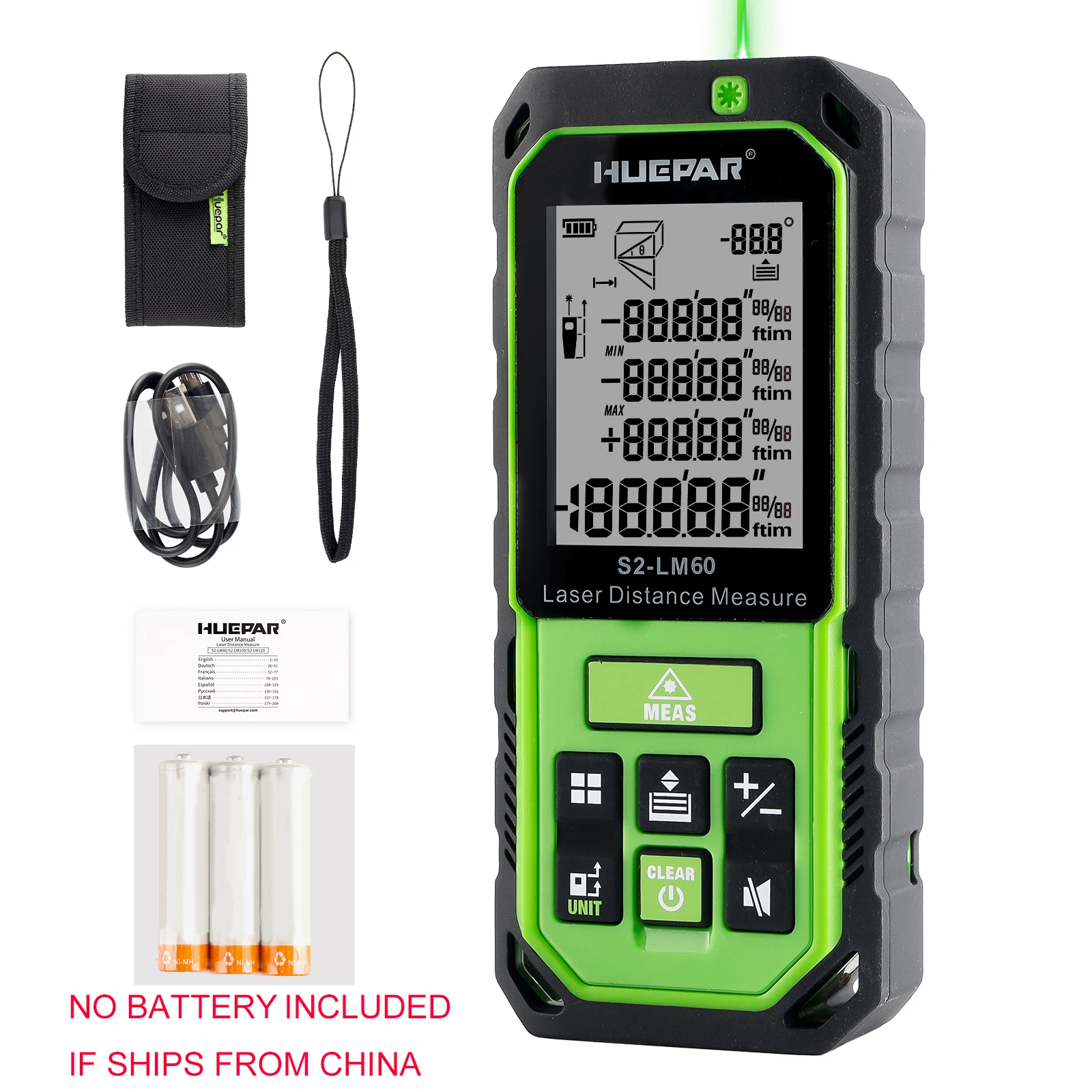 Huepar Laser Rangefinder Green Beem Laser Distance Measure with Angle Sensor LCD Digital Tape Measure 60M/100M/120m