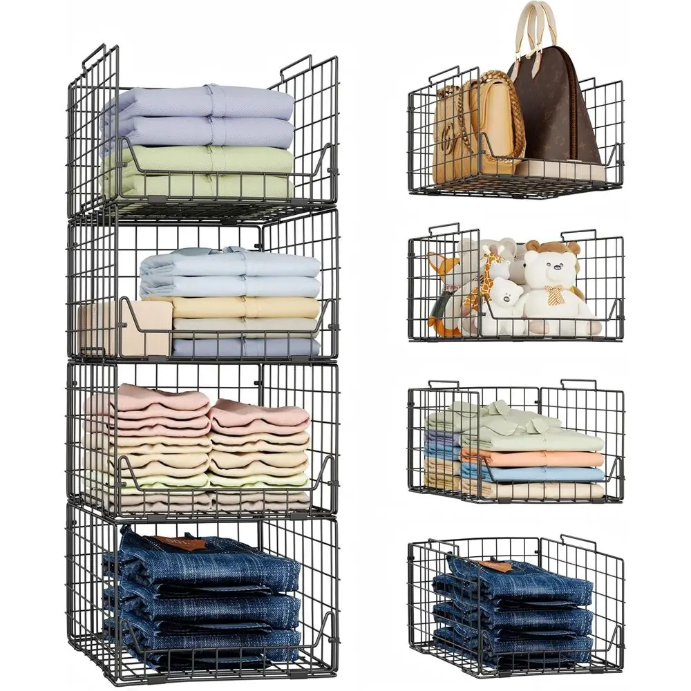 

Stackable Closet Organizers and Storage Bins 4 Pack, Sturdy Metal Clothes Storage Container for Clothes, Pants, Sweaters, Black