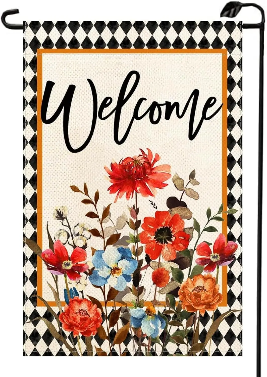 Welcome Fall Watercolor Floral Garden Flag Double Sided 12x18 Inch Thanksgiving Buffalo Plaid Red Flowers Small Flags House  uui