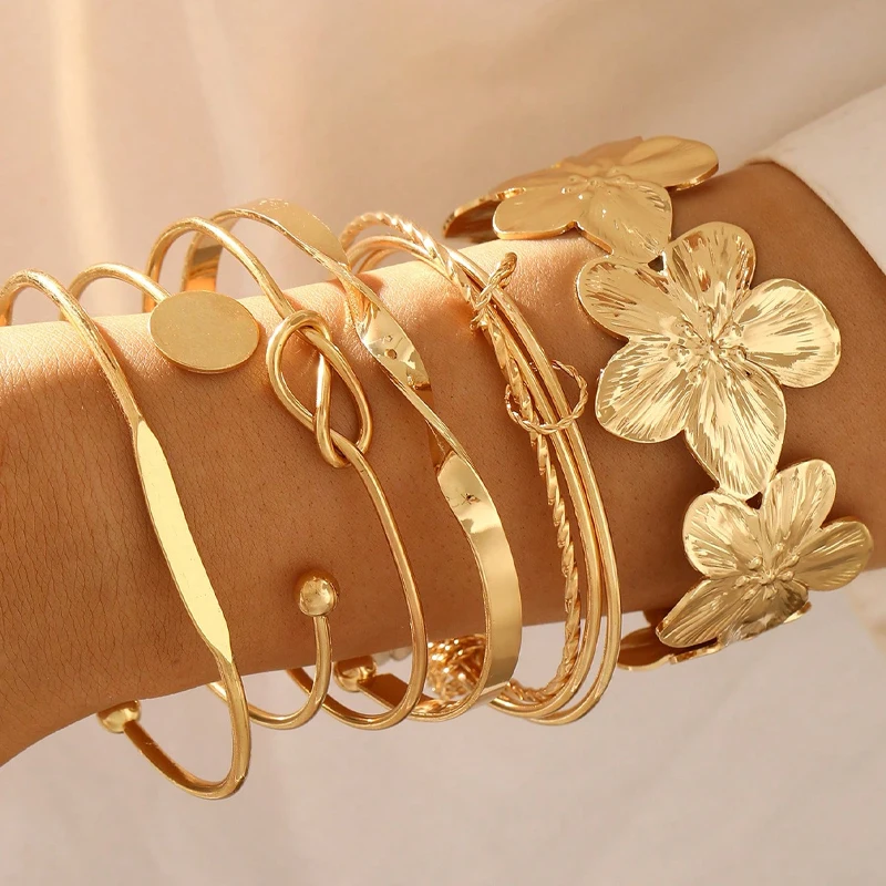 Elegant Vintage Hollow Line Striped Flower Twist Metal Bangle Bracelet Sets for Women Daily Wear Party Wedding Vacation Jewelry
