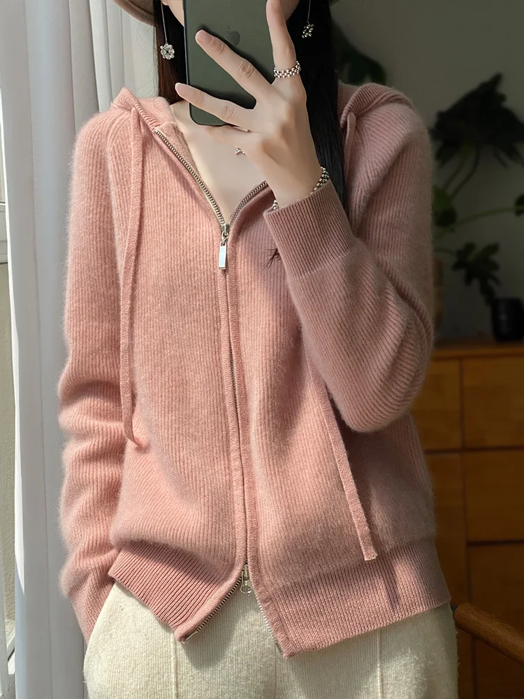 

New Women Sweater Zipper Cardigan Spring Autumn 100% Merino Wool Casual Long Sleeve Knitted Hoodie Korean Fashion Women Clothing