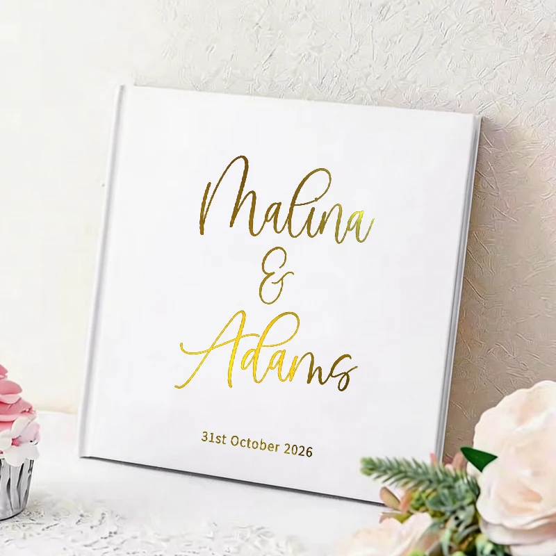 

Customized Guest Book with Gold Text, Personalized Wedding Guest Book, Square White Guest Book, Wedding Photo Album