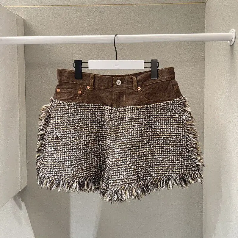 SAC design sense loose denim splicing wide-leg shorts