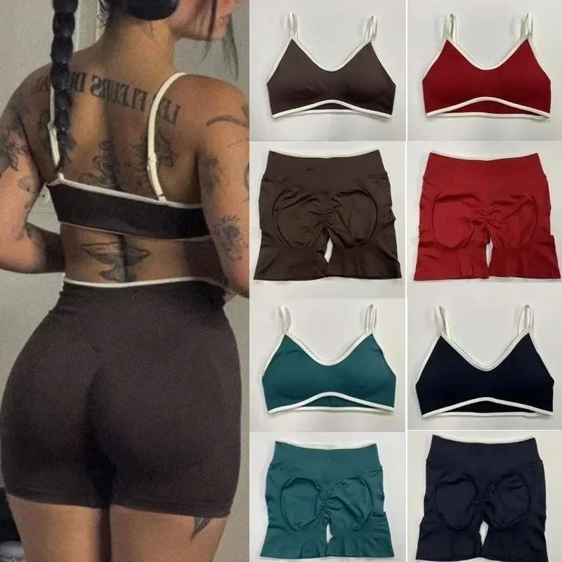 

2 Pieces Sports Set Women Backless Tank Yoga Tops High Waist Scrunch Seamless Shorts Sport Gym Set Sportswear Workout Set