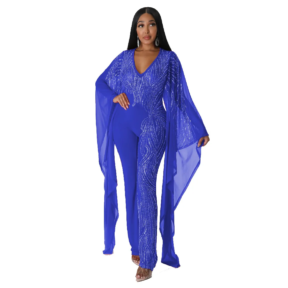 

African Jumpsuit 2023 Spring Autumn African Women Sexy Long Sleeve V-neck White Blue Red Black Long Jumpsuit