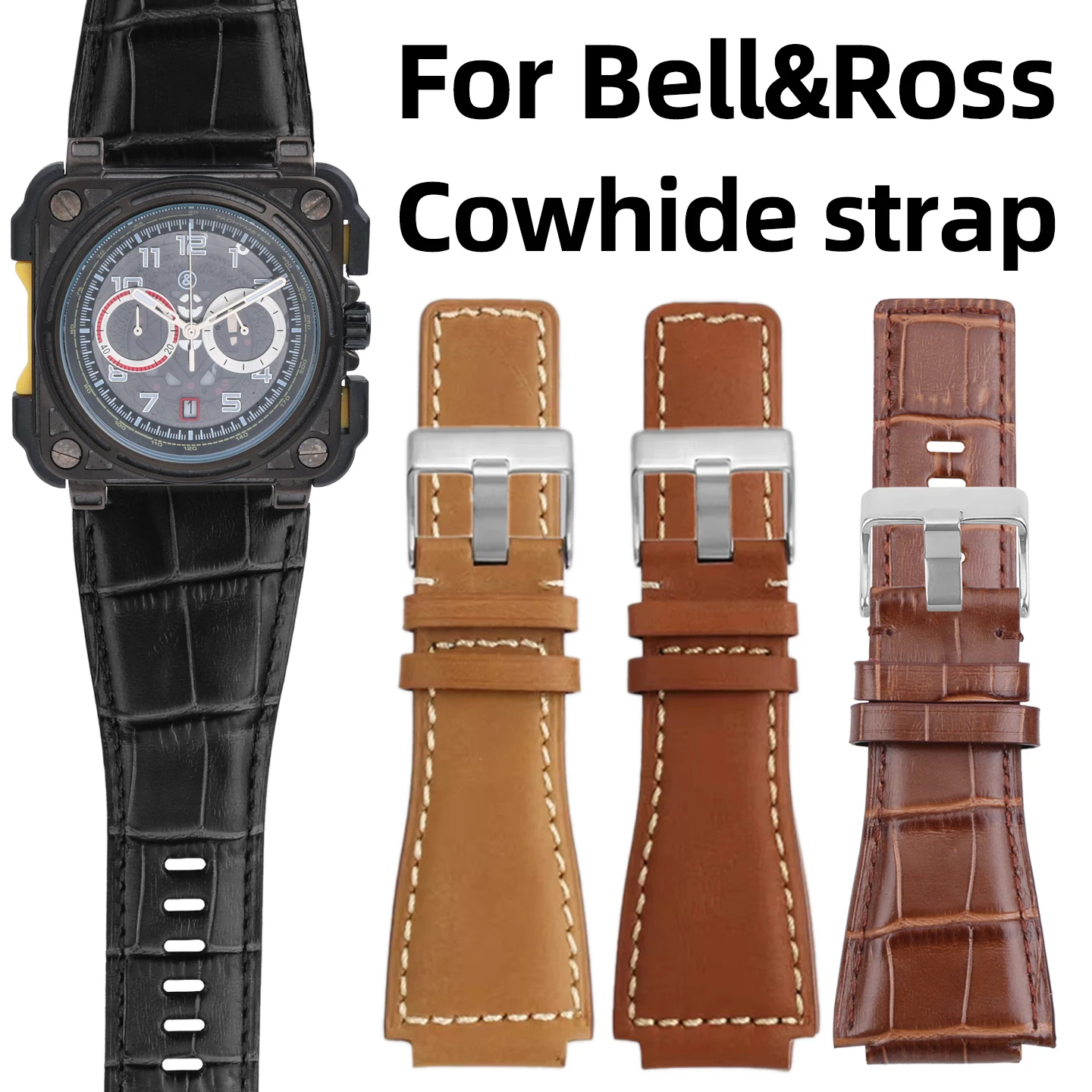 Pulseira de couro para relógio Bell & Ross B&R BR-01/BR-03, pulseira de borracha de silicone, pulseira de couro genuíno, pulseira de substituição 35-24mm