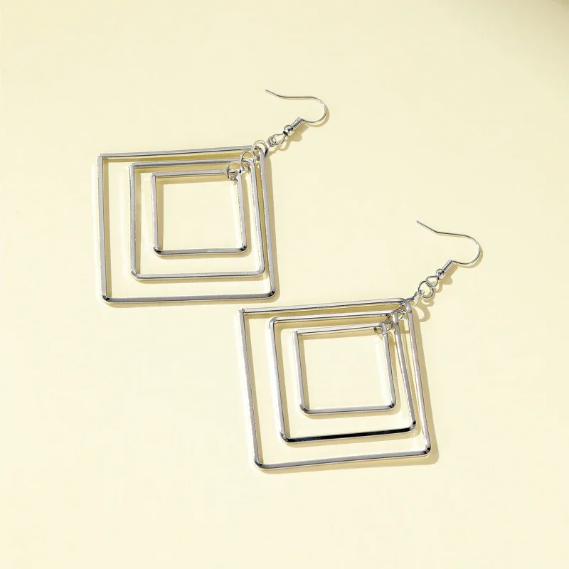 Three-Layer Hollow Rhombus Oval Simple Silver Plated Alloy Women Dangle Earrings & Drop Earrings