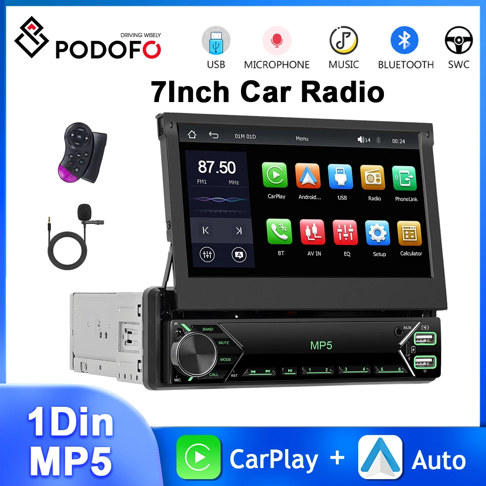 

Podofo 1Din MP5 Player 7'' Retractable Screen Car Radio Carplay Android Auto Steering Wheel Control Type-C FM Multimedia Player