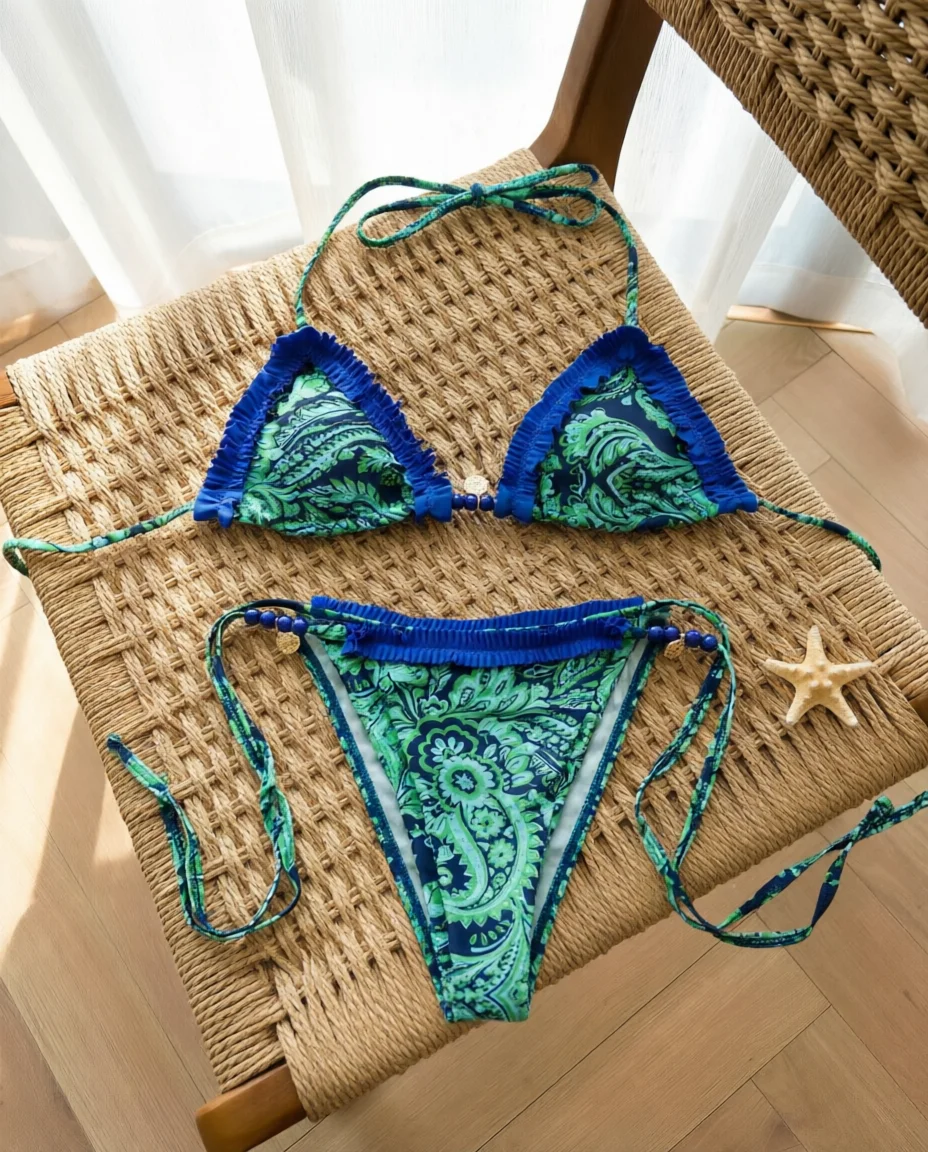 Sexy Perlenverzierter Bedruckter Triangel-Bikini Damen-Badeanzug Modischer Neckholder-Bikini mit Schnürung Retro Mujer Strand-Badeanzug
