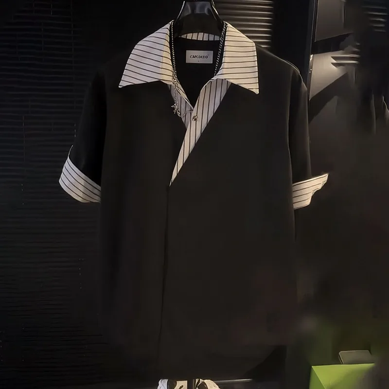 Men's Fashion Striped Patchwork Fake Two-Piece Short Sleeve Shirt Summer New Casual Stylish Top