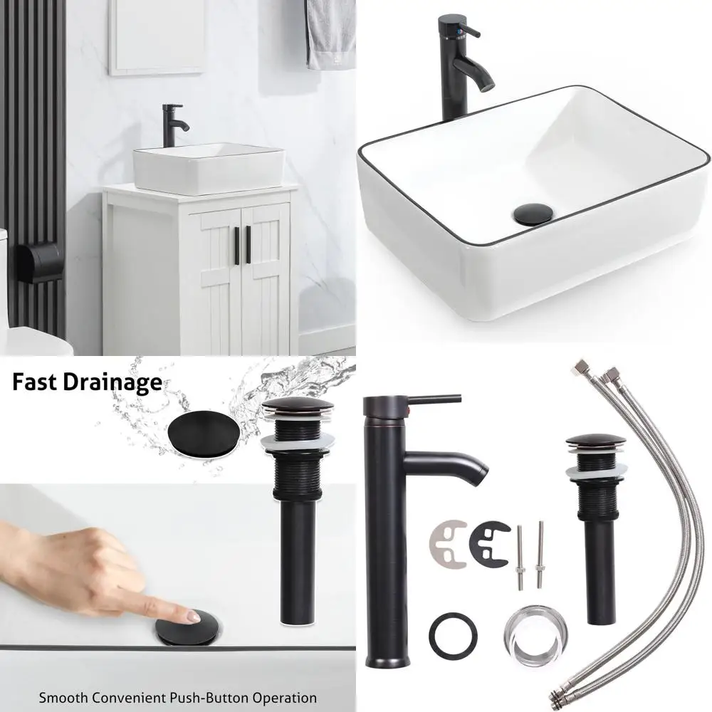 

Classic White Porcelain Sink with Black Decor Line, Matching Faucet Combo for Bathroom Countertop
