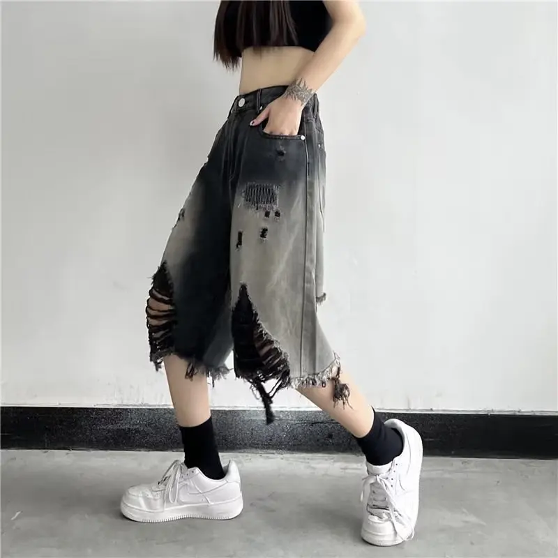 Pantaloncini di jeans strappati da donna estivi Pantaloni corti da donna larghi dritti casual streetwear Y2K