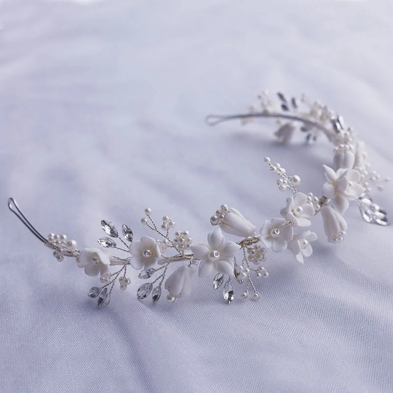 Wedding Tiara Crown White Ceramic Floral Bridal Hairband Pearls Jewelry Handmade Women Prom Crowns