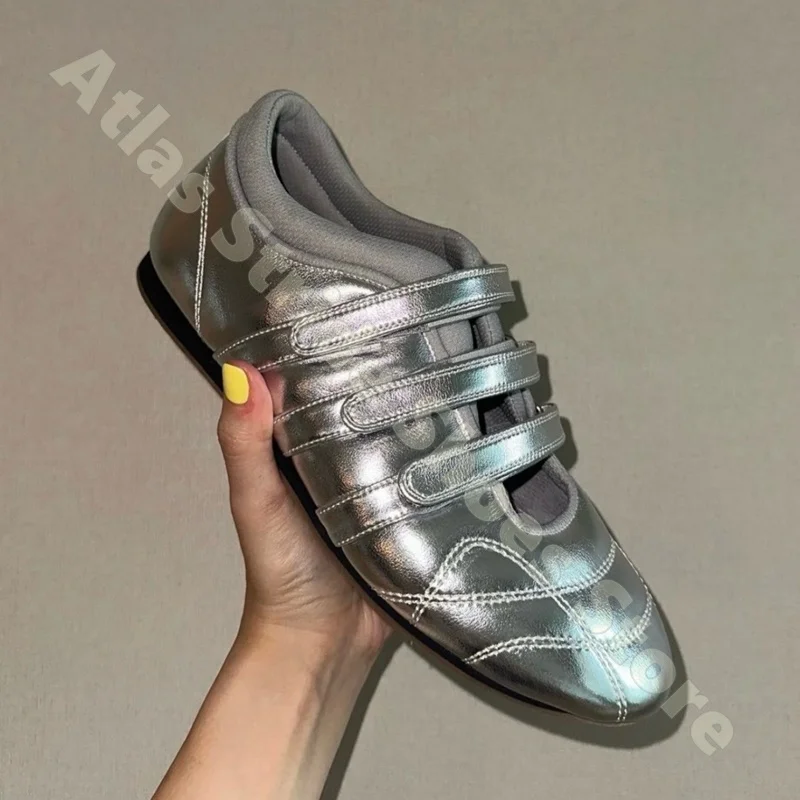 Women Silver Ballet Flats Metallic Leather Strap Hook Loop Closure Square Toe Y2K Aesthetic Vintage Cute Kawaii Dance Shoes