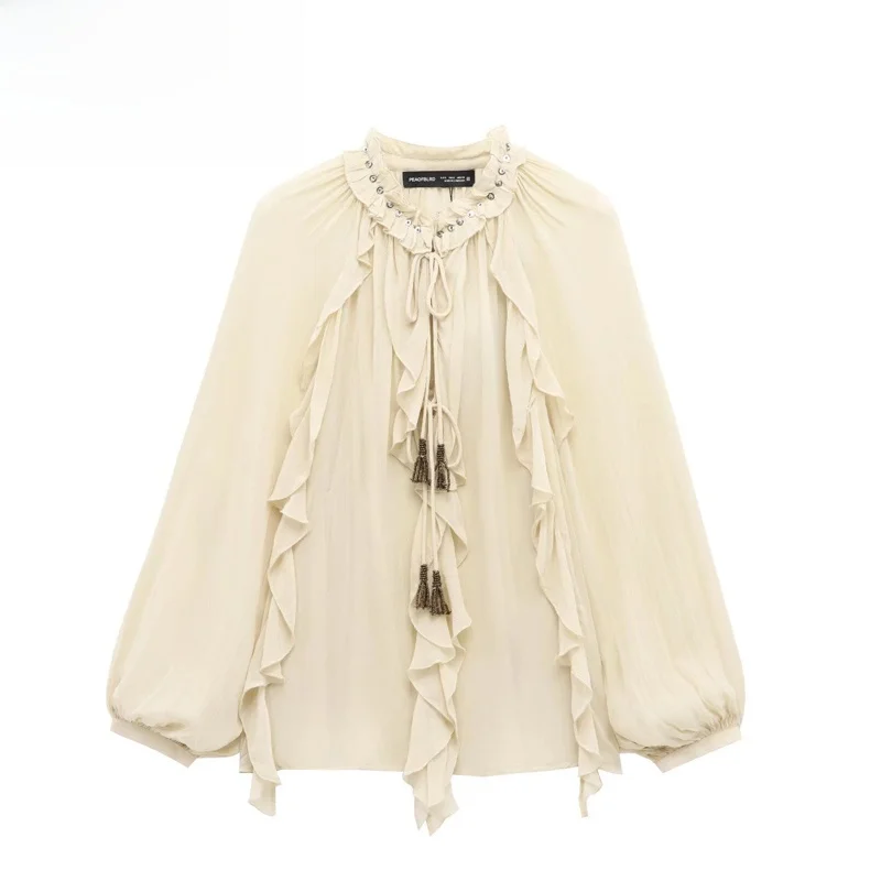 

EVEA Romantic Style Long Sleeve Casual Shirt Women's Fashion Layered Decoration Polyester Fiber Thin Model round Neck Buttoned