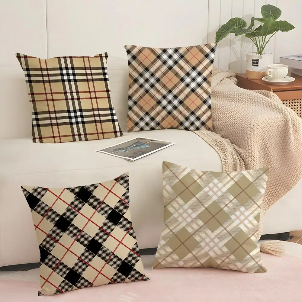 Classic brown plaid Cushion Cover Silky Short Plush with Invisible Zipper Dustproof Sofa Pillow Cover for Home Decor