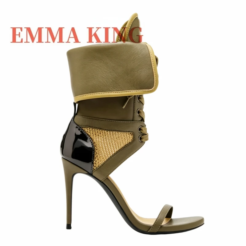 Green Fold Over Ankle High Sandals Women Cutout Mesh Stiletto Heels, Lace Up Open Toe Strap Boot Sandals,Fashion Designer Shoes view 3