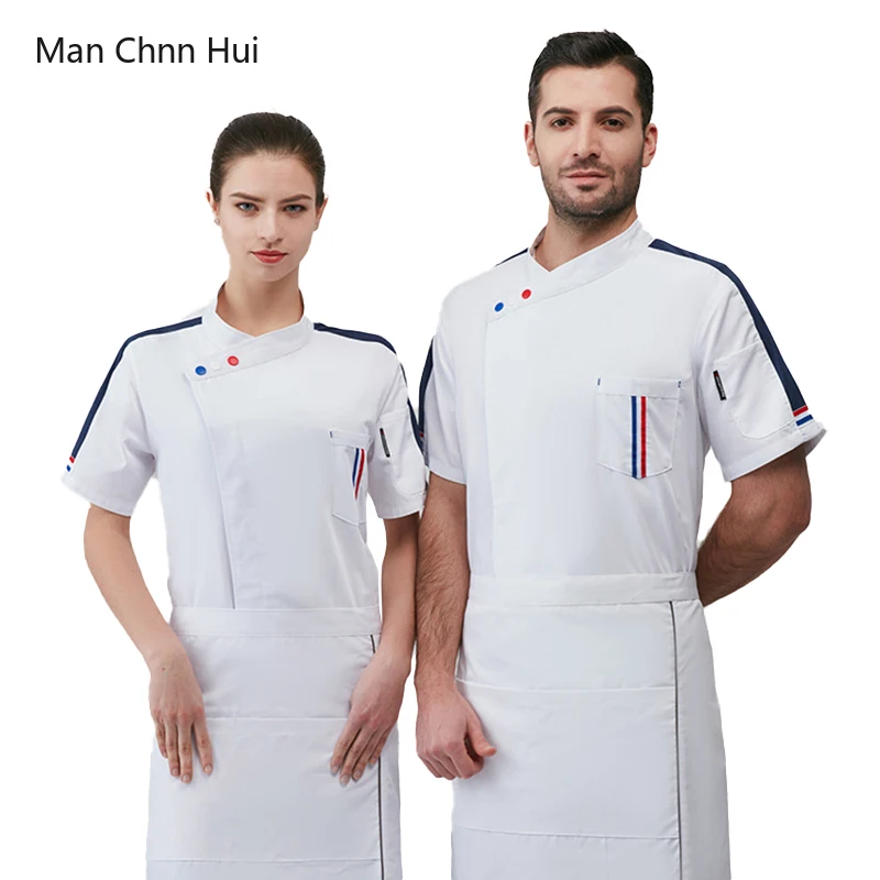 ฤดูร้อน Thin Men 'S Chef ชุดอาหารทำอาหารเสื้อห้องครัว Uniform แจ็คเก็ต Bakery Cafe Waiter Overalls