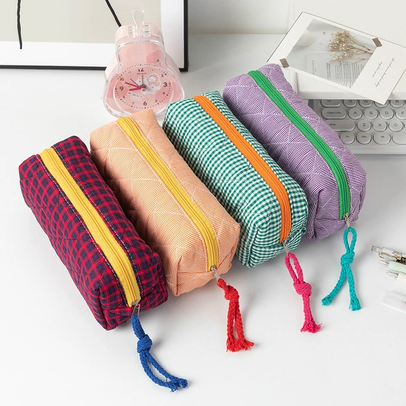 Simple Quilting Contrast Color Plaid Pencil Case Large Capacity Cosmetic Pouch Student Stationery Bag Travel School Supplies