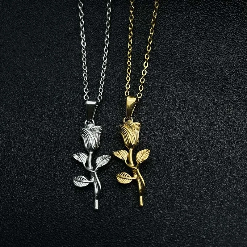 Vintage Rose Flower Necklaces For Women Pendant Necklace 316L Stainless Steel Clavicle Chain Fashion Jewelry Gift