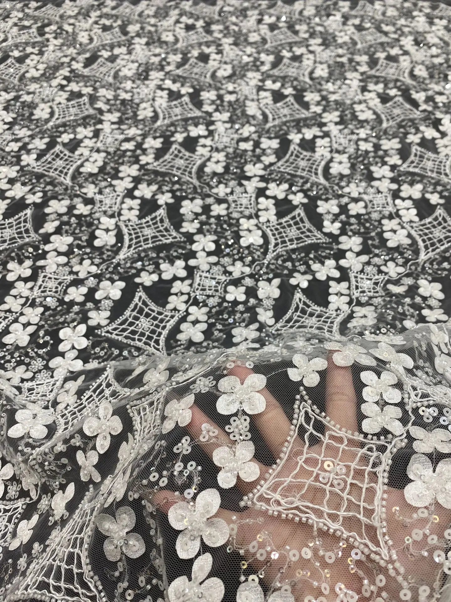 New laser 3D rope embroidered floral bead tube sequin tulle lace fabric for wedding dresses, evening gowns, fashion fabrics