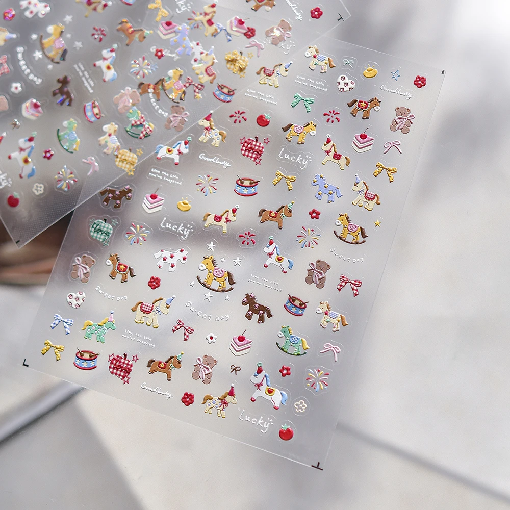 Naklejki na paznokcie 5D z motywem noworocznym, tłoczone konie trojańskie/niedźwiedzie, samoprzylepne, różowe kokardki, kreskówkowe konie, naklejki kawaii, kolorowe slidery z koniem.