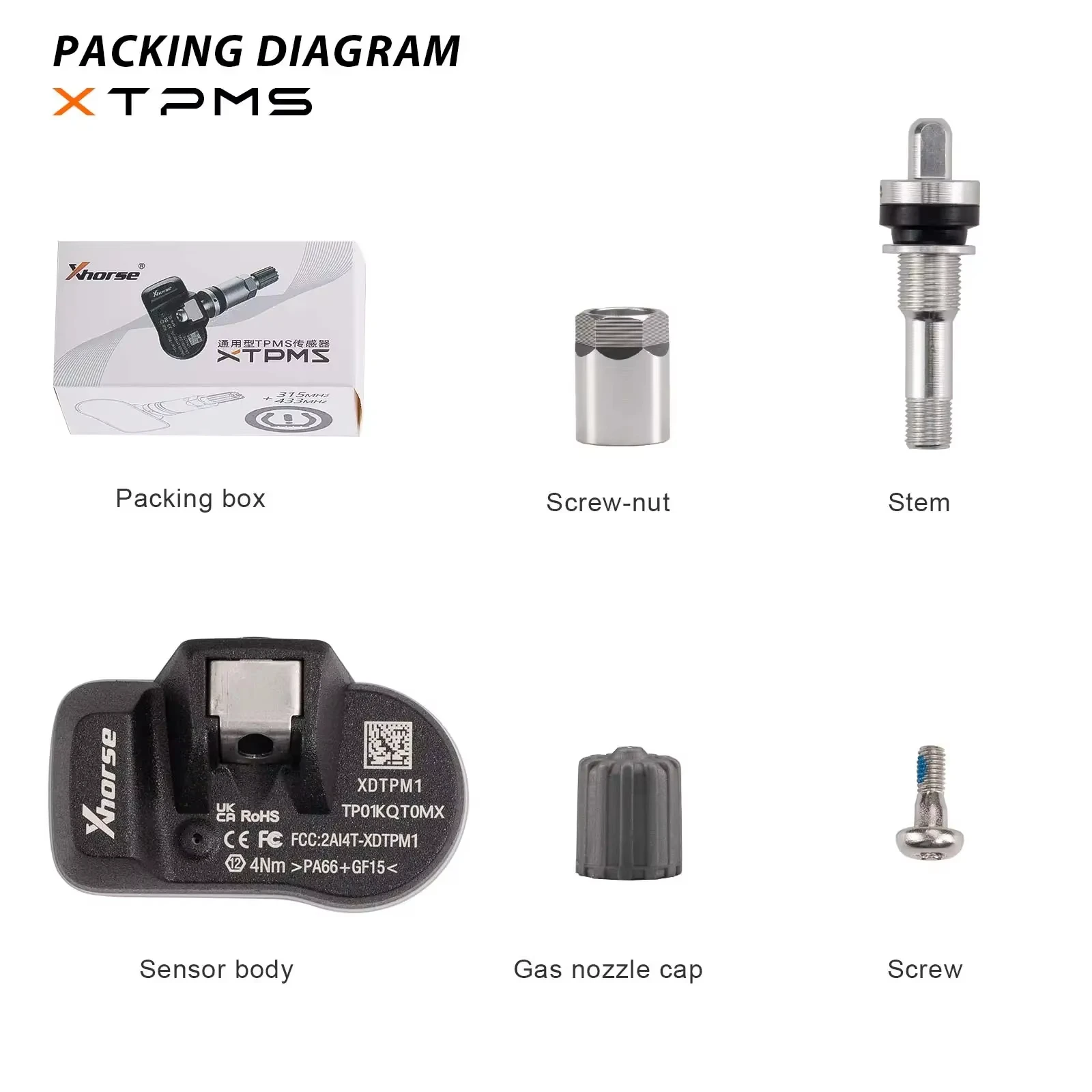 XHORSE XDTPM1EN TPMS Sensor XTPMS 315MHZ/433MHZ Monitoramento de pressão dos pneus Sensor TPMS programável para ferramenta chave MIDI/Plus/Max Pro