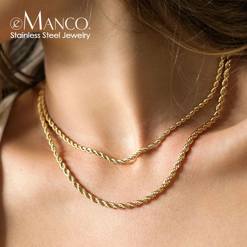 eManco Rope Chain Necklace Stainless Steel Never Fade Waterproof Choker Men Women Jewelry Gold Color Chains 3/4MM Wholesale