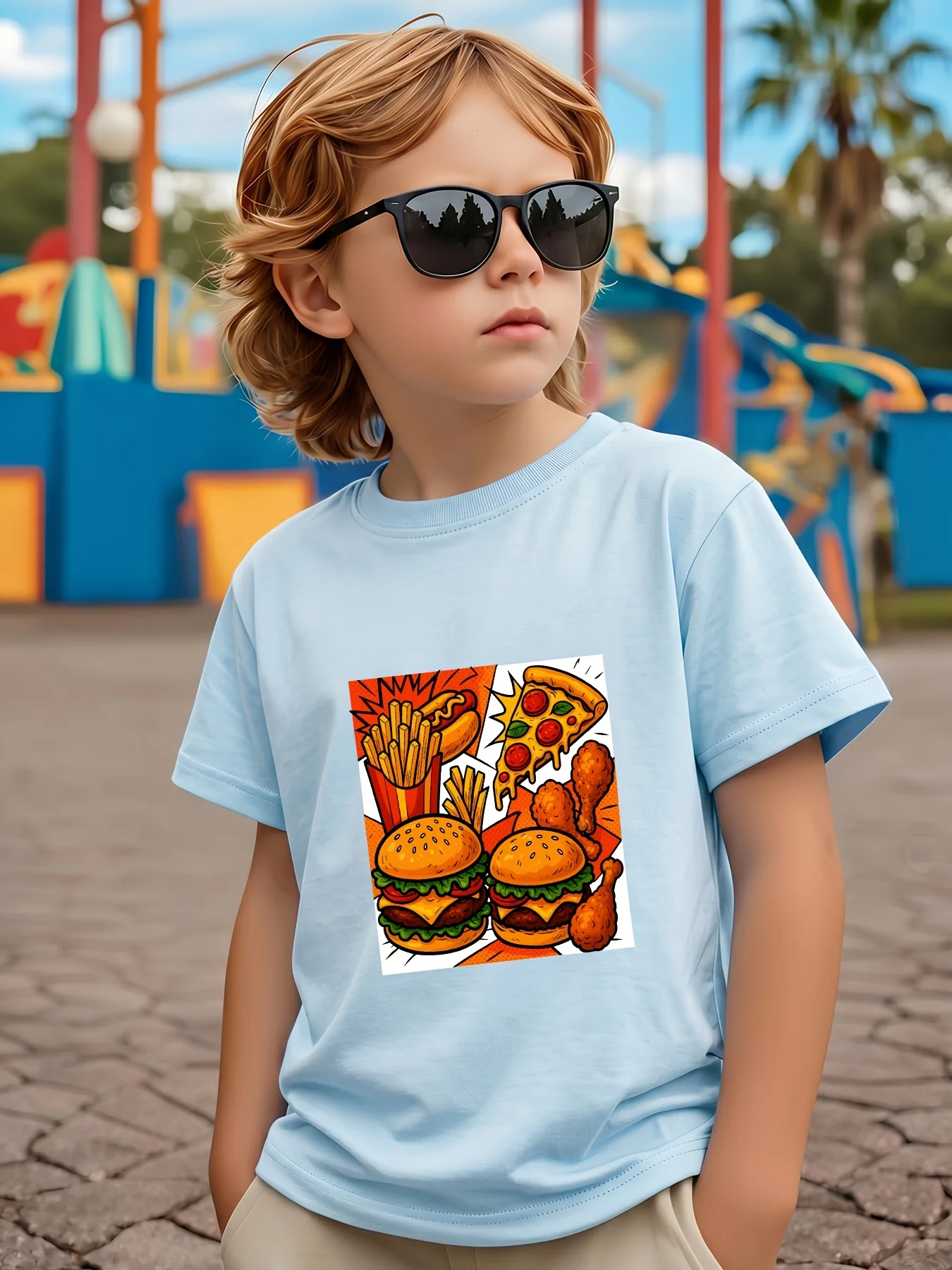 Hamburgers French Fries Pizza Fried Chicken Printed Fun Children's T-shirt, Creative, Trendy, Comfortable Parent-child T-shirt