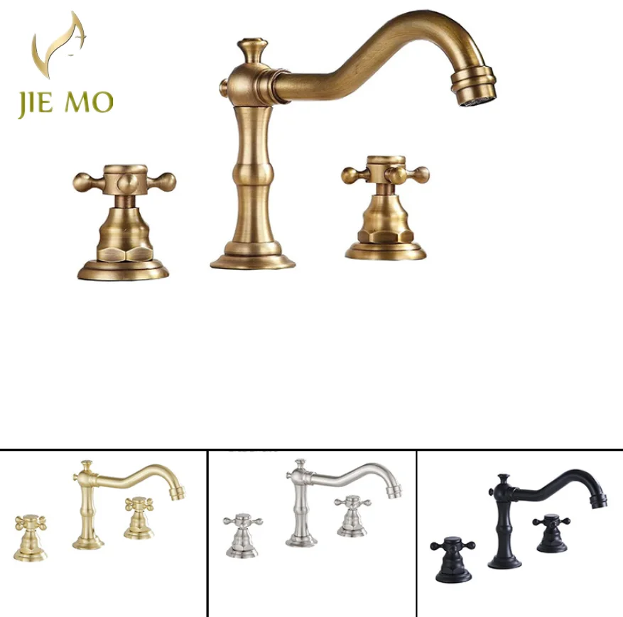 French-style retro brass basin faucet set of three pieces, with double handles and split design, featuring three holes for cold