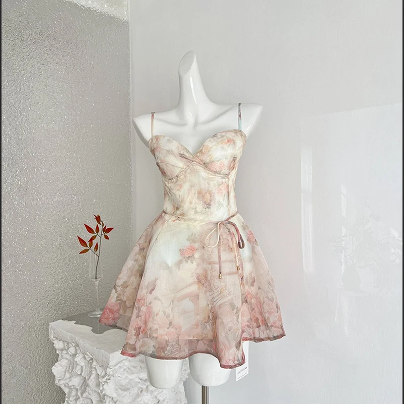 Französisches, sanftes Spitzenkleid mit Schnürung für Damen im Sommer, neu, tailliert, bedruckt, süß, elegant, schlank machend, kurzer Rock