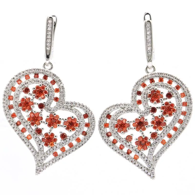 

47x30mm Beautiful 14.2g Big Heart Shape Black Onyx CZ Orange Spessartine Garnet Pink Kunzite Silver Dangle Earrings
